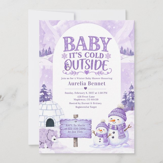 Invitación de Ducha de Bebé de Invierno Lavanda Be (Anverso)