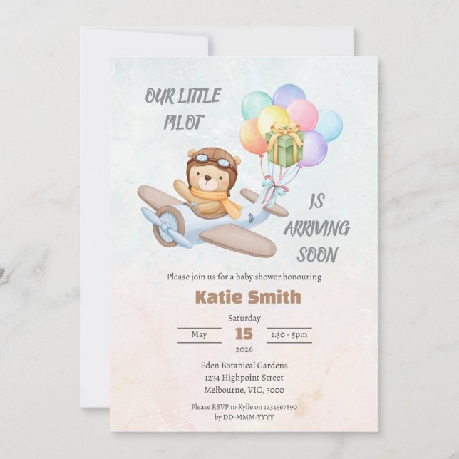 Invitación de ducha de bebé de osito piloto (Anverso)