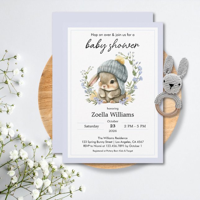 Invitación de ducha de bebé de primavera con flore (Baby Shower Invitations Watercolor Cute Simple Bunny 3)