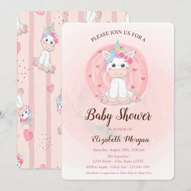Invitación de Ducha de Bebé de Unicornio Adorable (Anverso / Reverso)