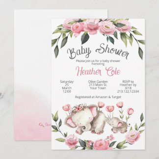 Invitación de ducha de bebé elefante floral niña m