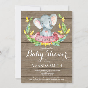 Invitación de ducha de bebé elefante niña rústica