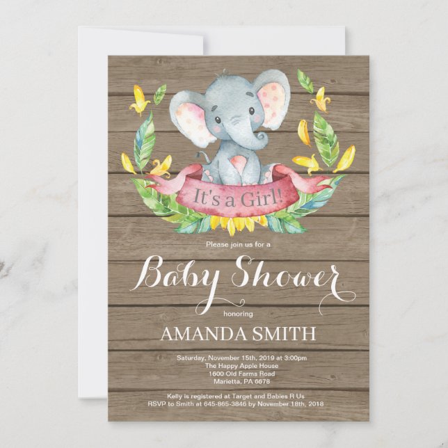 Invitación de ducha de bebé elefante niña rústica (Anverso)