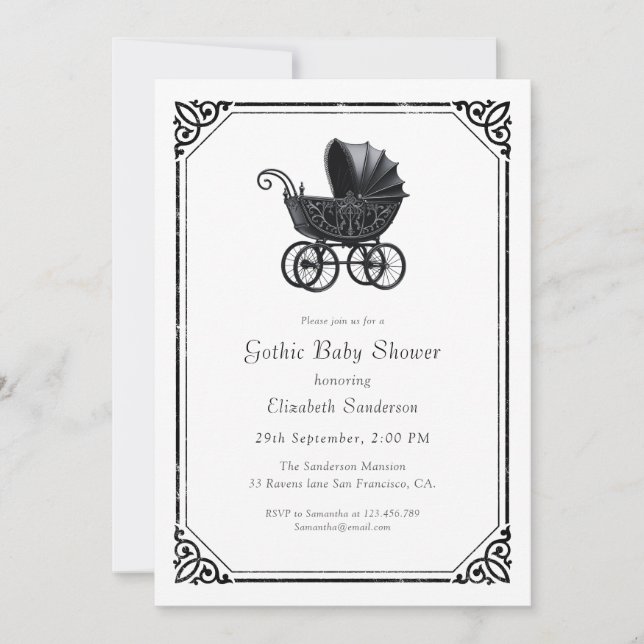 Invitación de ducha de bebé en cochecito gótico (Anverso)