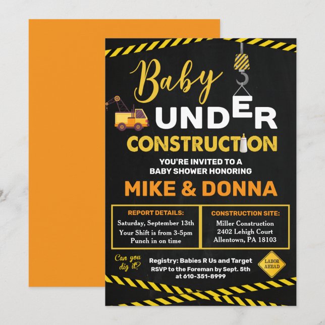 Invitación de ducha de bebé en construcción (Anverso / Reverso)