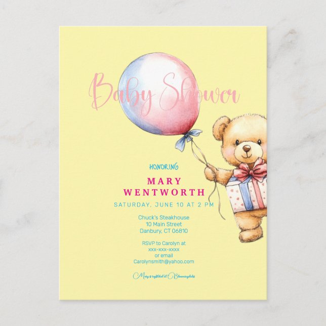 Invitación de ducha de bebé estilo chic con osito  (Anverso)