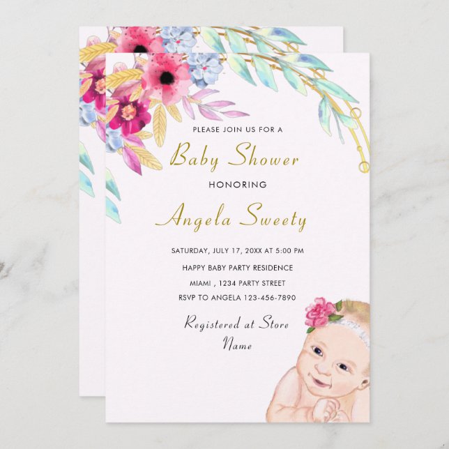 Invitación de Ducha de Bebé Feliz con Diseño Propi (Anverso / Reverso)