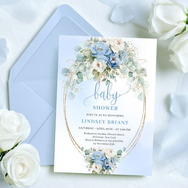 Invitación de Ducha de Bebé Floral de Peonía Azul  (Refined Blue Peony Floral Eucalyptus Baby Shower Invite)