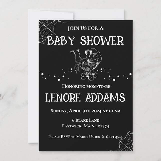Invitación de ducha de bebé gótica negra y blanca (Anverso)