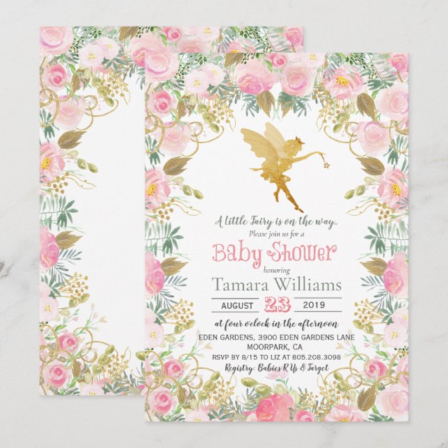 Invitación de ducha de bebé hada floral (Anverso / Reverso)