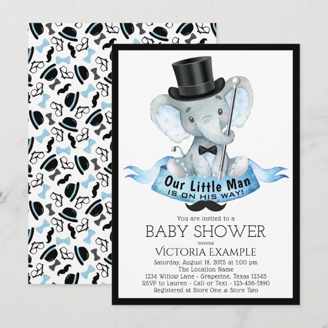 Invitación de ducha de bebé Little Man Dapper Elep (Anverso / Reverso)