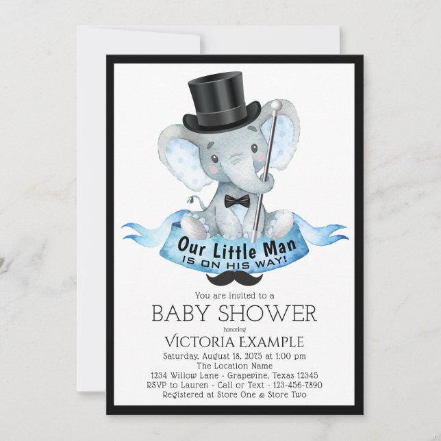 Invitación de ducha de bebé Little Man Dapper Elep (Anverso)