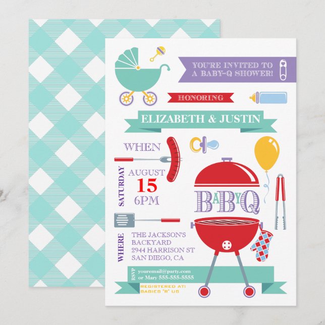 Invitación de ducha de bebé neutral - Moderno BBQ (Anverso / Reverso)