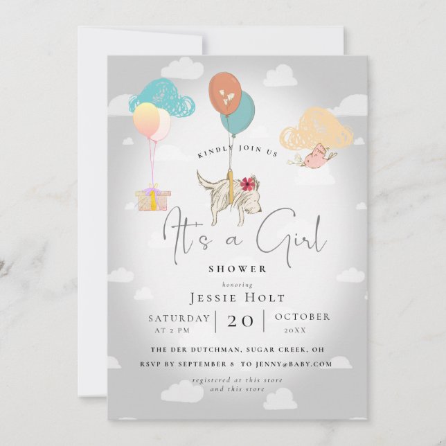 Invitación de ducha de bebé niña con globo de perr (Anverso)