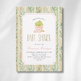 Invitación de Ducha de Bebé Niña con Hojas Rayadas