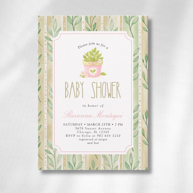 Invitación de Ducha de Bebé Niña con Hojas Rayadas (Subido por el creador)
