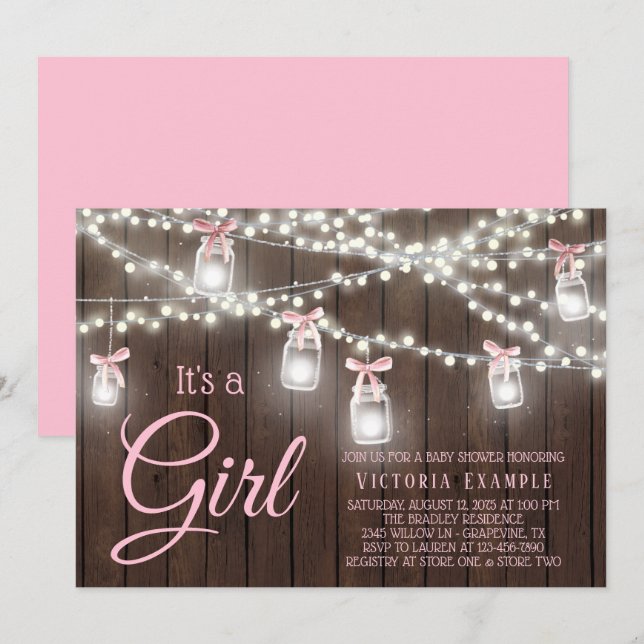 Invitación de ducha de bebé niña con luces de cade (Anverso / Reverso)