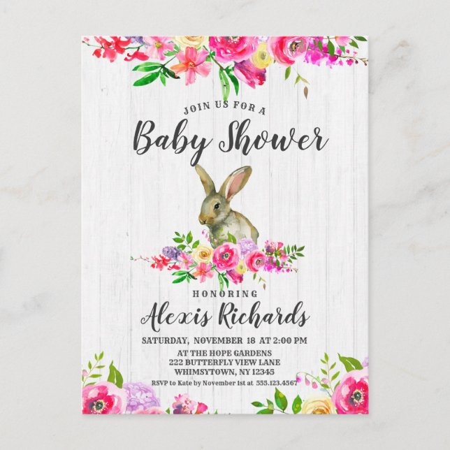 Invitación de Ducha de Bebé Niña Floral Conejito (Anverso)