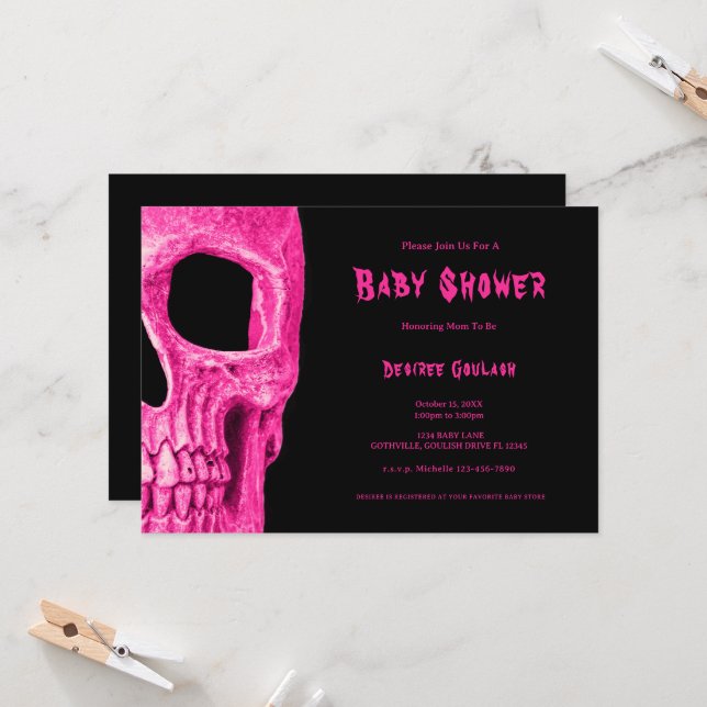 Invitación de ducha de bebé niña mitad calavera gó (Anverso/Reverso In Situ)
