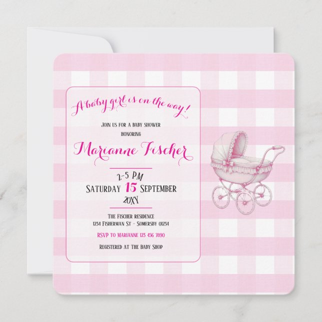 Invitación de ducha de bebé niña retro (Anverso)
