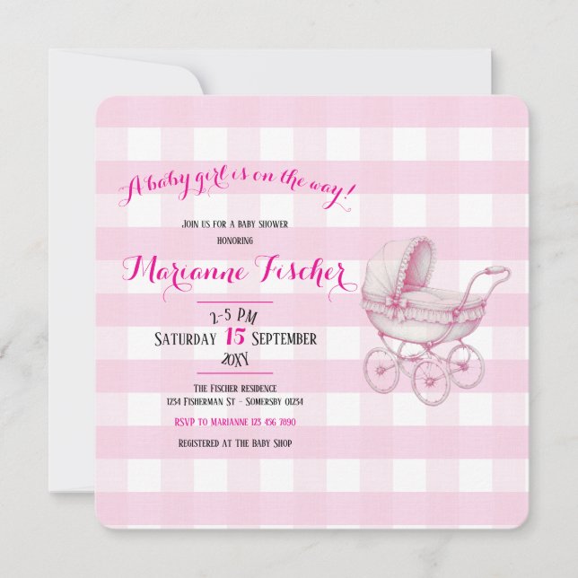 Invitación de ducha de bebé niña Retro (Anverso)