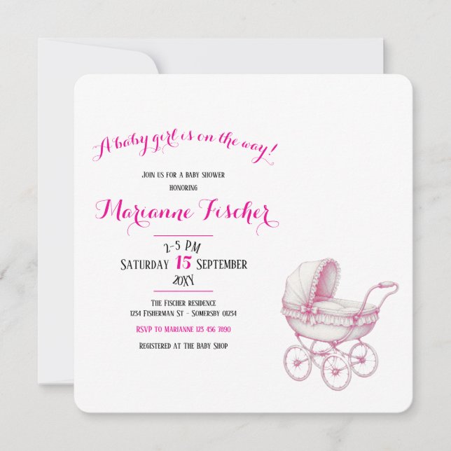 Invitación de ducha de bebé niña retro (Anverso)