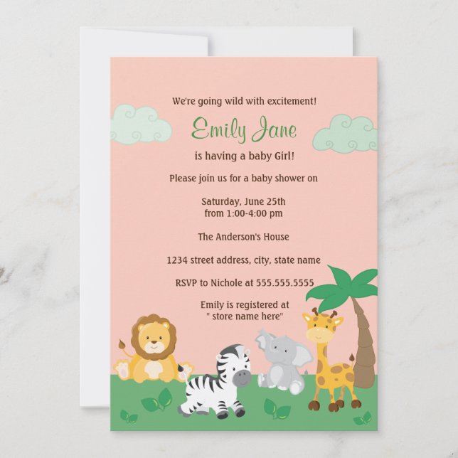 Invitación de ducha de bebé niña Safari Jungle (Anverso)