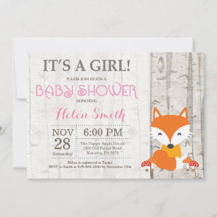 Invitación de ducha de bebé niña zorro rústico bos