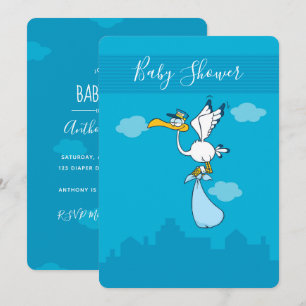 Invitación de ducha de bebé niño adorable cigüeña 