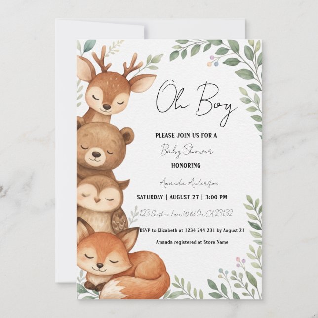 Invitación de ducha de bebé niño con animales de s (Anverso)