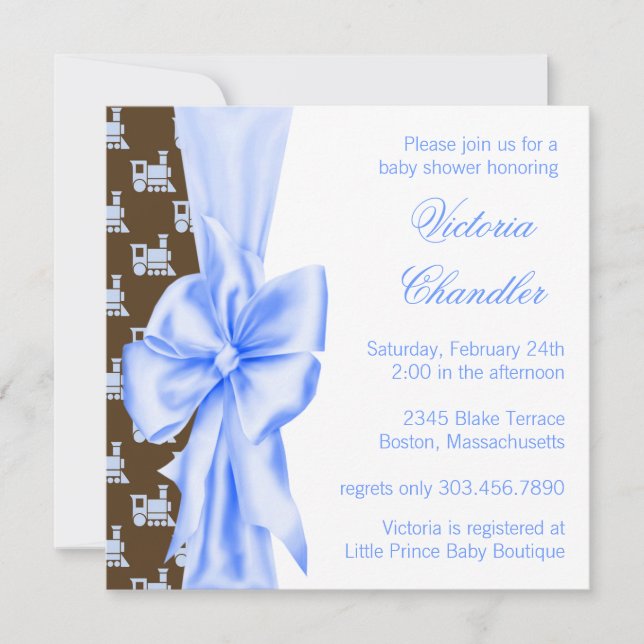 Invitación de ducha de bebé niño de tren marrón y  (Anverso)