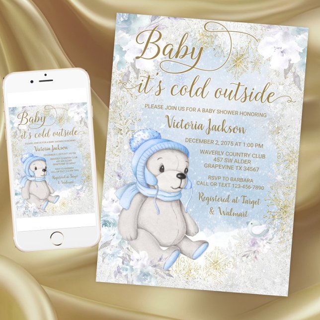 Invitación de ducha de bebé Niño hace frío afuera (Boy baby its cold outside baby shower invitation. Download and printed invitations available.)