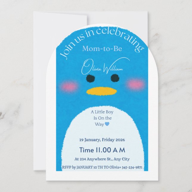 Invitación de ducha de bebé niño pingüino lindo |  (Anverso)