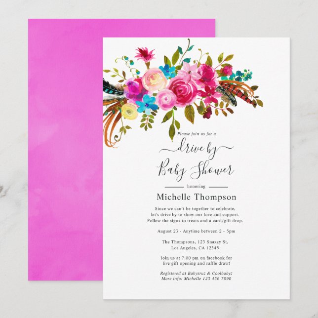 Invitación de ducha de bebé o boda boho chic rosa  (Anverso / Reverso)