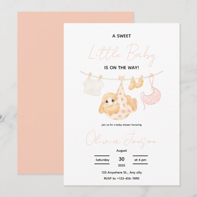 Invitación de Ducha de Bebé para Conejito Pequeño  (Anverso / Reverso)
