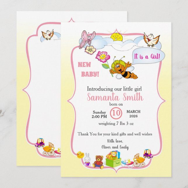 Invitación de ducha de bebé para niña con abeja (Anverso / Reverso)