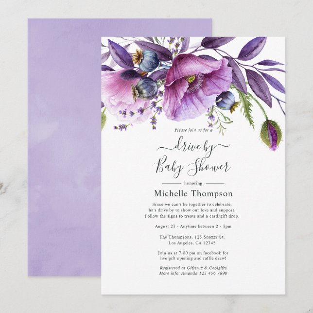 Invitación de ducha de bebé Pastel Violeta Amapola (Anverso / Reverso)