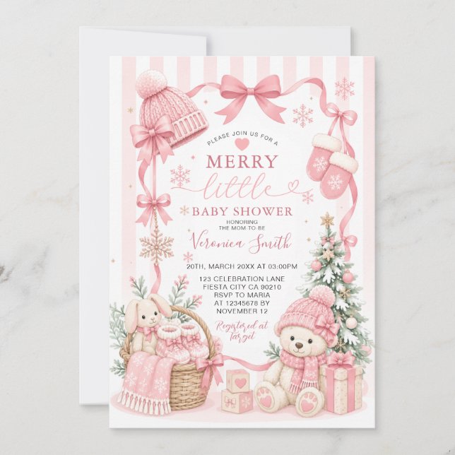 Invitación de ducha de bebé rosa de invierno alegr (Anverso)