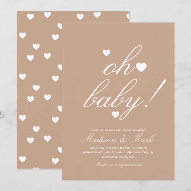 Invitación de ducha de bebé tierrosa con corazones (Anverso / Reverso)