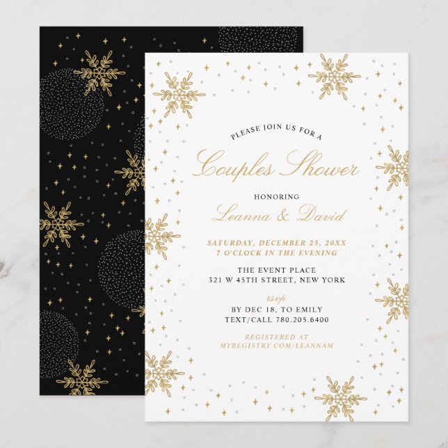Invitación de Ducha de Boda de Invierno Dorado y N (Anverso / Reverso)