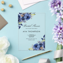 Invitación de ducha de boda floral azul marino acr