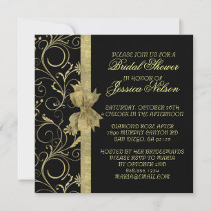 Invitación de ducha de color negro con cinta de or