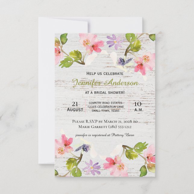 Invitación de ducha de flores rosadas rústicas en  (Anverso)