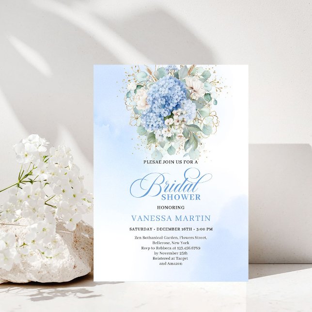Invitación de ducha de hidrangeas azules botánicas (Botanical Blue Hydrangea Eucalyptus Shower Invitation)