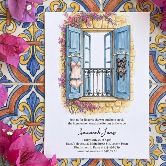 Invitación de Ducha de Lencería de la Costa Medite (Mediterranean themed lingerie shower invitation, mamma mia style stock the drawer panty party invite)