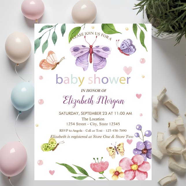 Invitación de ducha de mariposas y flores punteada (Subido por el creador)