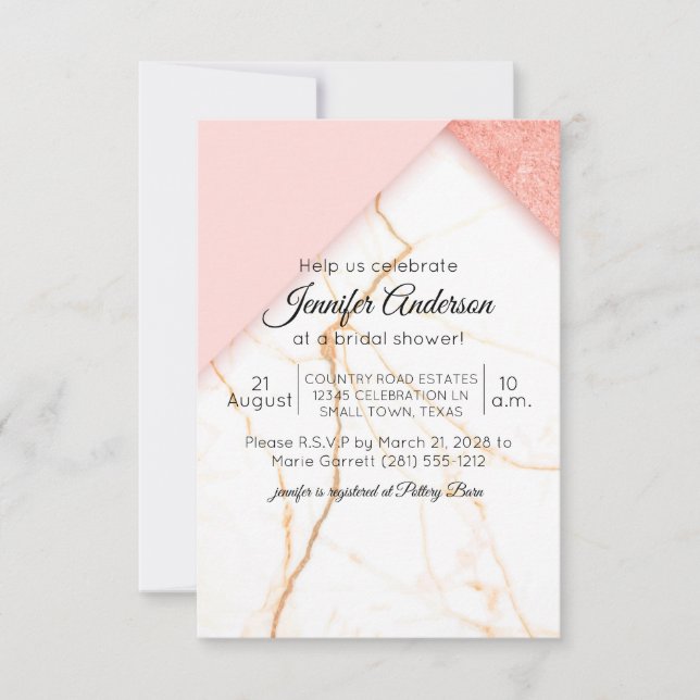 Invitación de ducha de mármol rosa y dorado modern (Anverso)