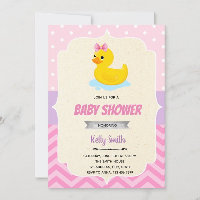Invitación de ducha de niña con patito de goma (Anverso)