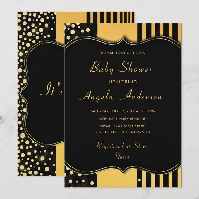 Invitación de ducha de niño negro de oro de lujo (Anverso / Reverso)