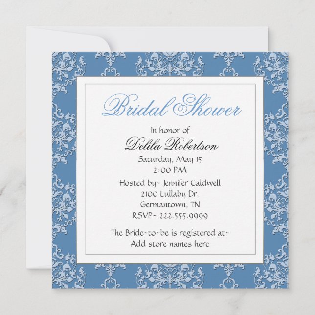 Invitación de Ducha de Novia Chic Azul Damask (Anverso)